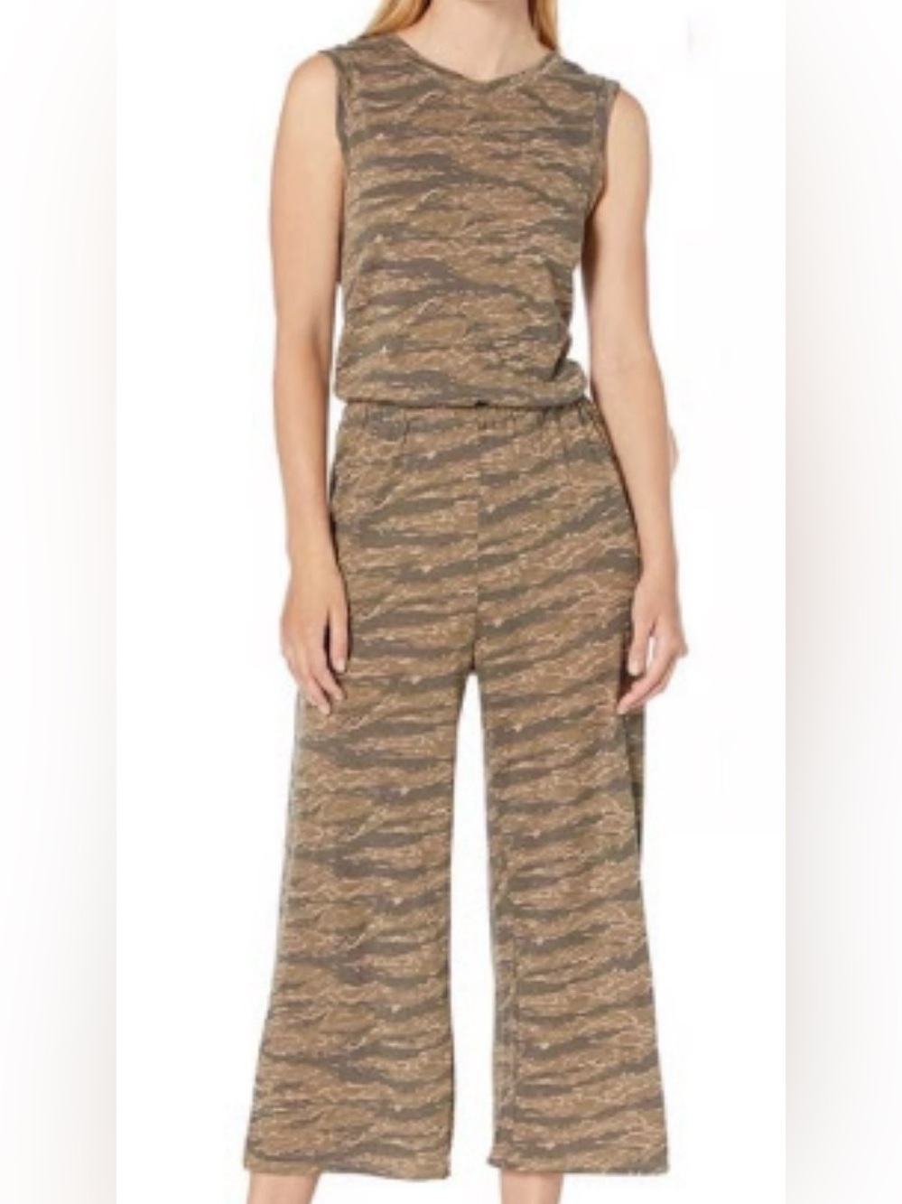 Alternative Apparel Tiger Camo Sleeveless Wide Leg Jumpsuit Brown Olive Size S
